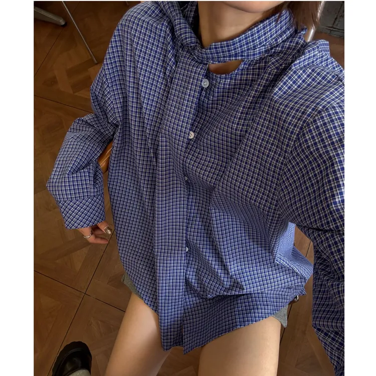 【逸语服饰】2025秋季法式高级感蝴蝶结系带衬衫慵懒风宽松格子衬衣