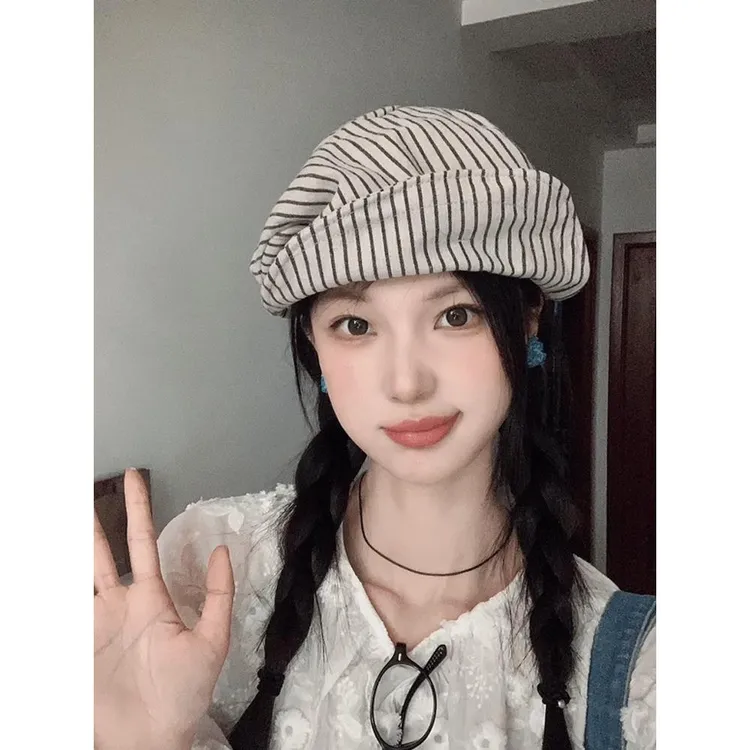 日系复古小众条纹棉麻褶皱贝雷帽子女春夏文艺百搭画家帽报童帽潮