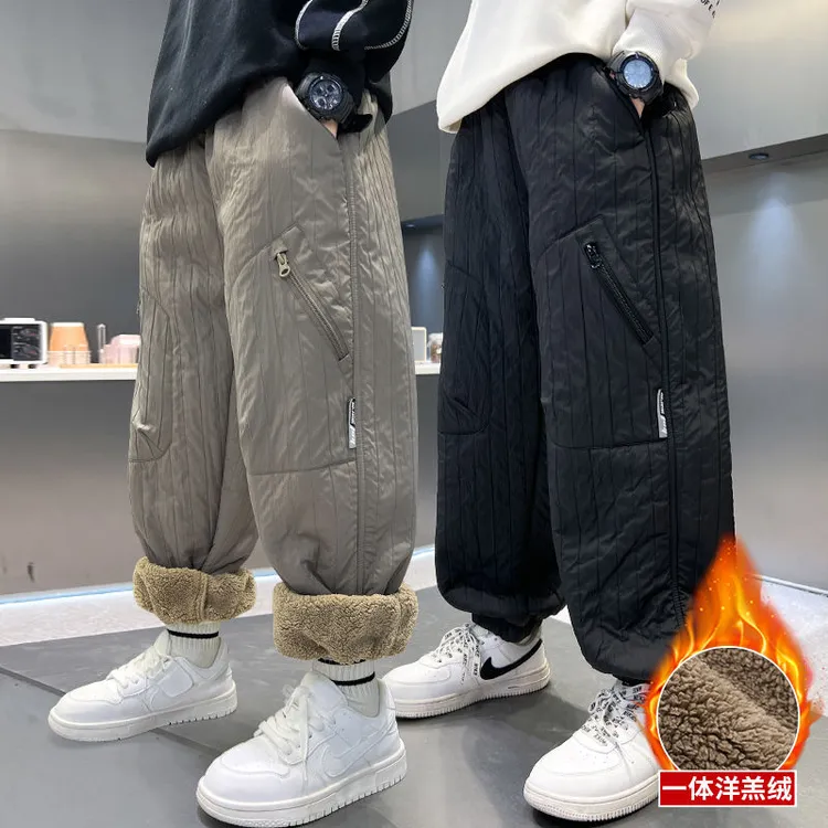 男童冬季加绒运动裤子羊羔绒一条过冬儿童棉裤中大童保暖直筒加厚