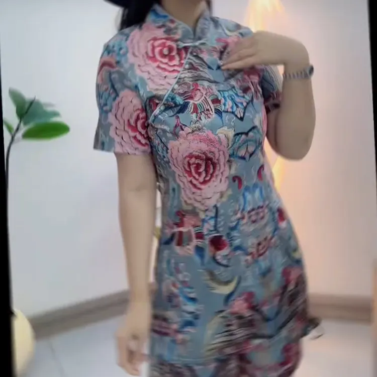 拼接松紧腰短袖短裤套装中国风印花女士女装