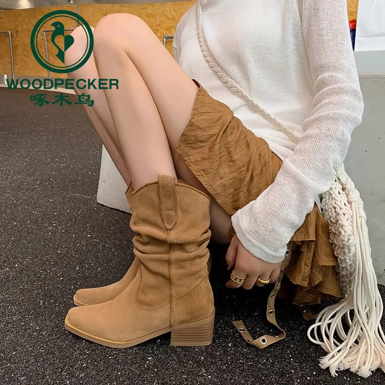 啄木鸟赵露思同款褶皱堆堆短靴女秋冬加绒西部牛仔靴显瘦骑士靴女