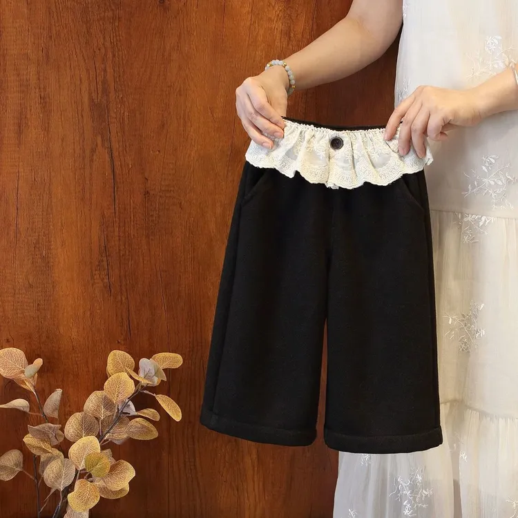 女童裤子2025秋冬新款加绒洋气甜美蕾丝花边直筒裤女宝宝休闲裤潮