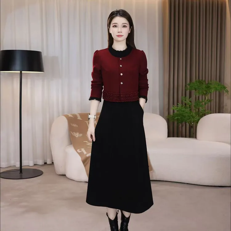 【连衣裙】欧棉绒秋冬季新款气质优雅时尚显瘦修身假两件连衣裙