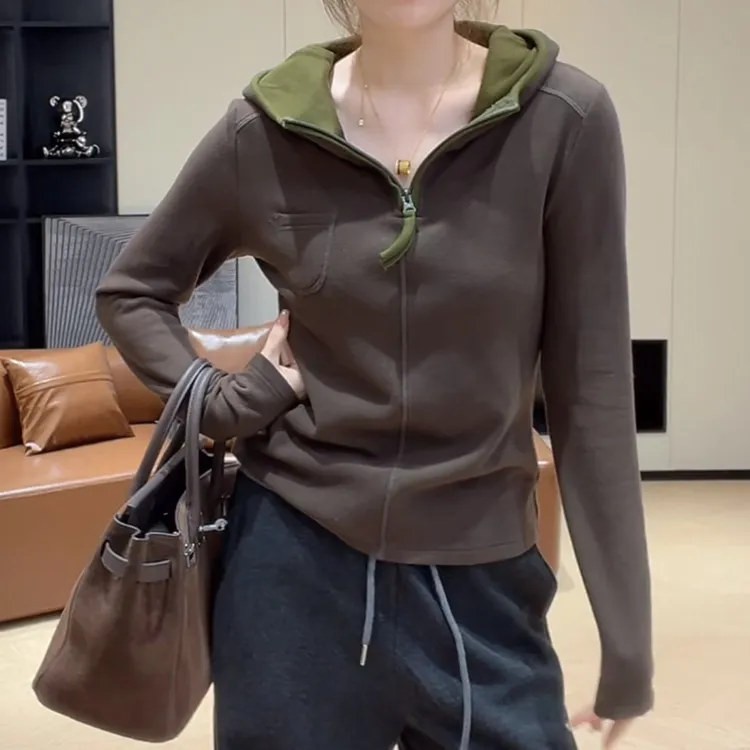 2025冬季新款卫衣女撞色拉链设计感连帽长袖休闲百搭气质显瘦上衣