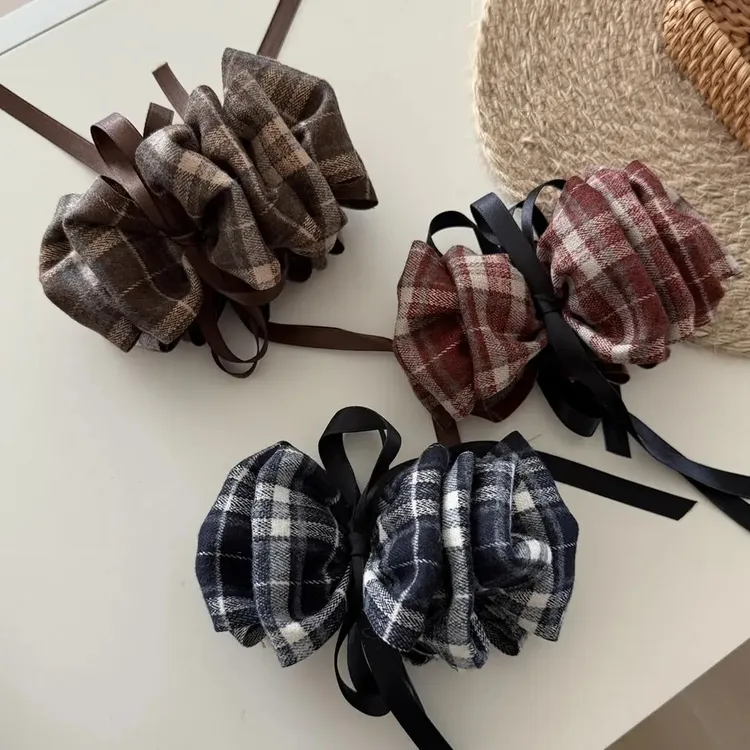 摩卡甜心~韩系复古格纹云朵香蕉夹蝴蝶结飘带减龄学院风马尾竖夹