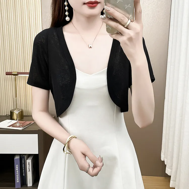 冰丝针织防晒黑色短袖披肩夏季简约百搭小坎肩短款罩衫吊带裙外搭