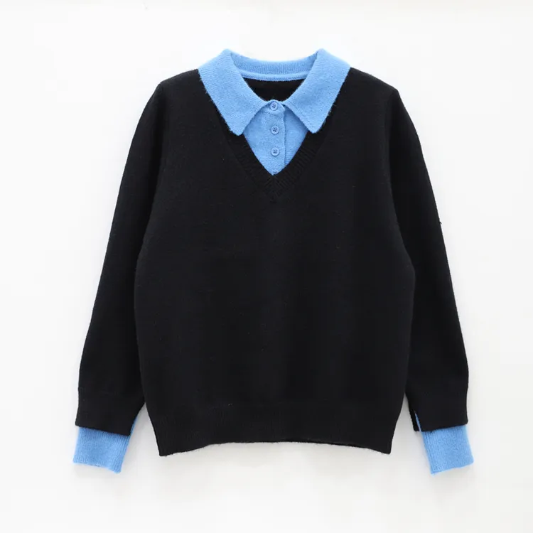 假两件方领撞色拼接针织长袖百搭羊毛衫ly1171