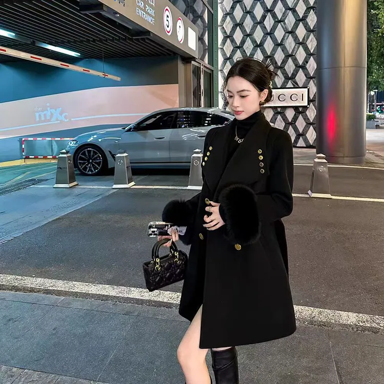 狐狸毛袖圈90白鸭绒羊毛大衣冬季加厚女2025冬中长款西装秋冬外套