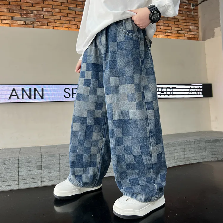 男童秋装裤子2025新款儿童牛仔裤春秋款大童帅气格子长裤阔腿裤潮
