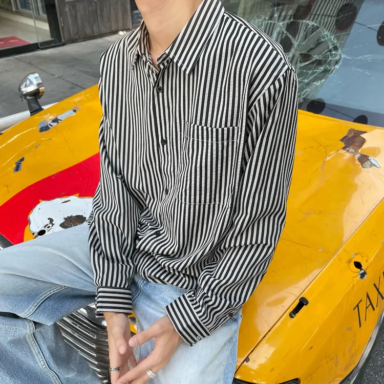 XWEN衬衫不起球中长款翻领宽松型衬衣长袖条纹