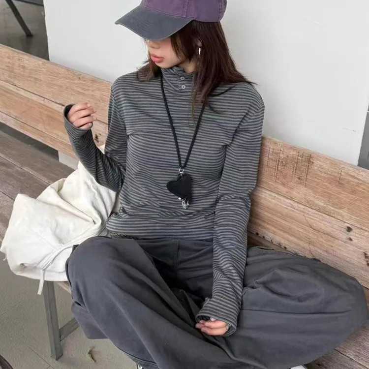 【条纹打底】虎皮卷秋冬复古休闲宽松T恤女撞色条纹修身内搭打底衫