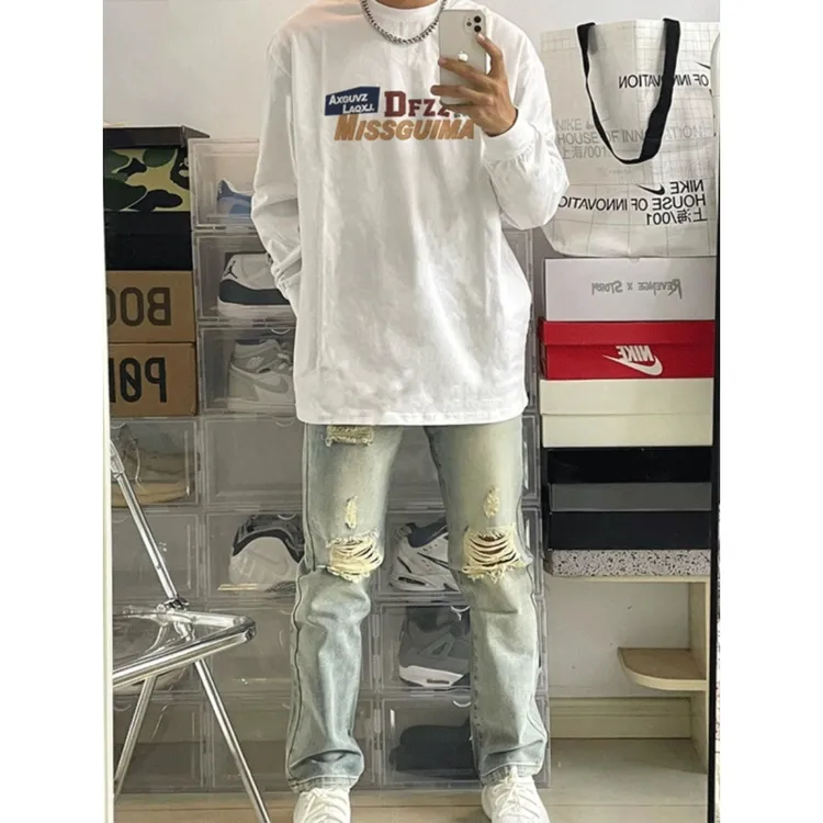 280g重磅纯棉长袖T恤男美式设计感hiphop秋冬潮牌宽松收口ins上衣