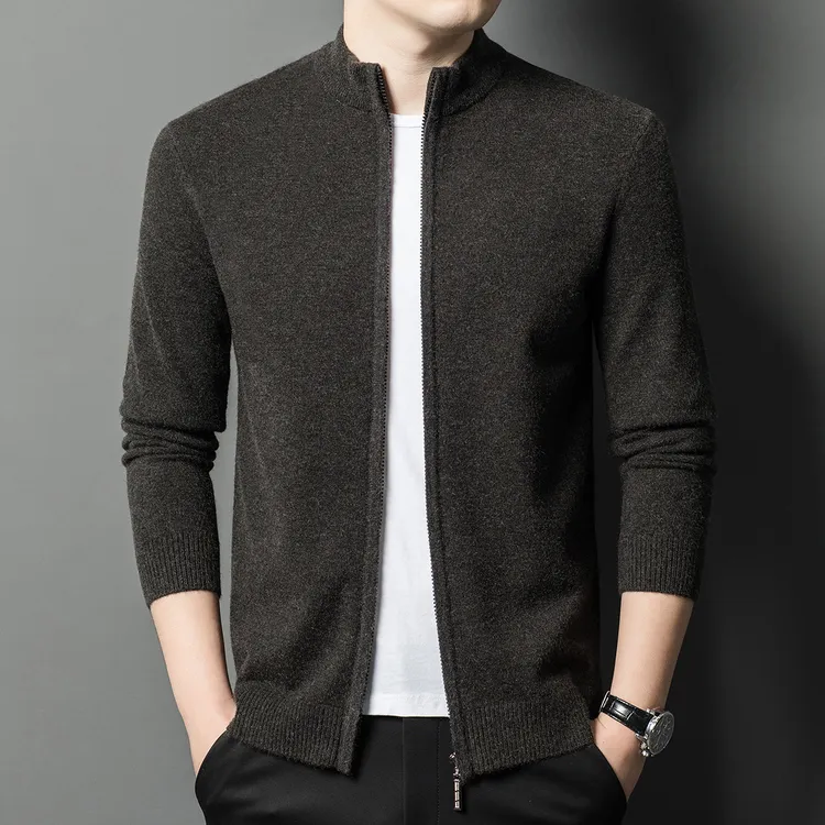 鄂尔多斯市秋冬针织羊毛开衫男韩版时尚纯色外套中年立领百搭毛衣
