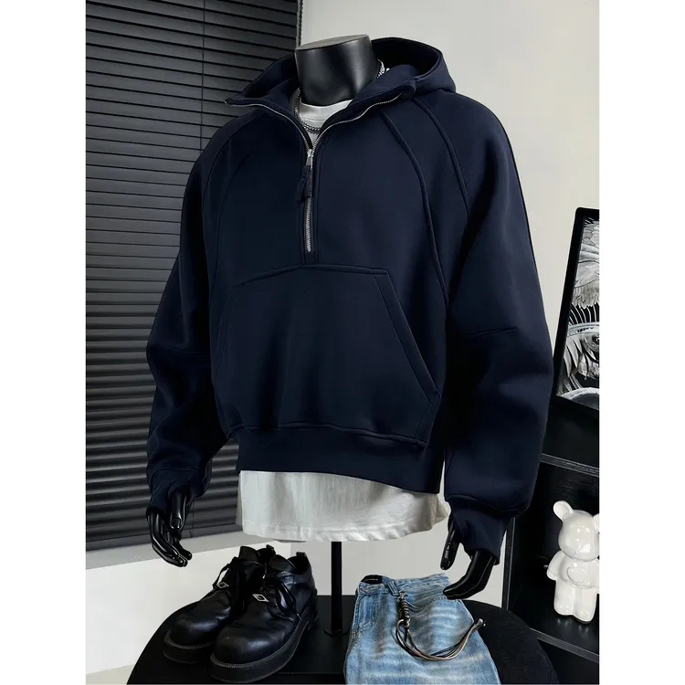 日系套头连帽短款卫衣男2025秋季休闲运动外套情侣半拉链潮牌上衣