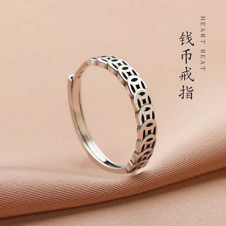925银戒指 纯银钱多多戒指女2025新款招财复古铜钱指环时尚首饰