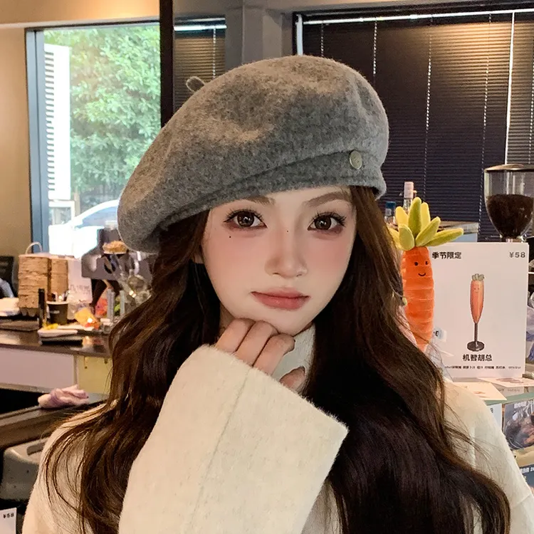 新款灰羊网红贝雷帽女时尚韩版针织小圆标保暖毛呢帽子百搭简约