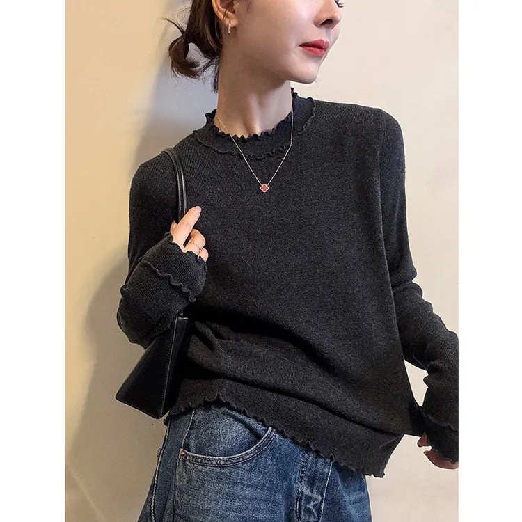 木耳边设计感长袖针织衫女秋季新款微胖MM遮肉显瘦百搭毛衣打底衫
