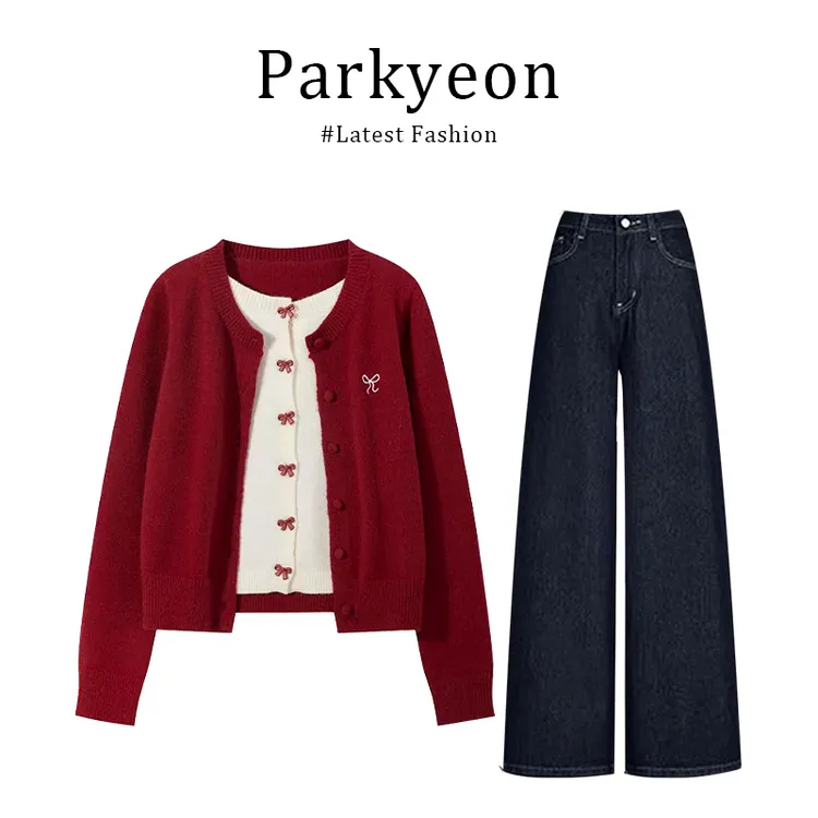 新年穿搭一整套红色假两件毛衣外套针织开衫裤子两件套装女秋冬季