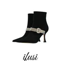 极简设计时尚钻带轻奢羊猄尖头短靴  759-5