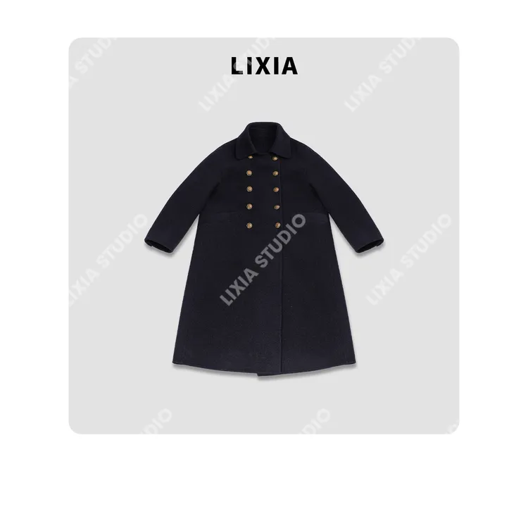 LIXIA【金扣絮影】老钱轻奢风山羊绒+澳羊毛双排扣毛呢大衣-D10262
