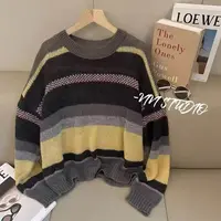  「维也纳」早秋穿搭超柔马海毛撞色条纹针织宽松慵懒毛衣-5301