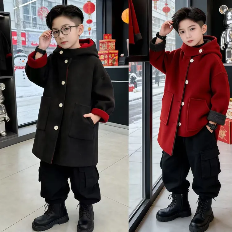 1647男童中大童两面穿中长款毛呢外套韩版洋气
