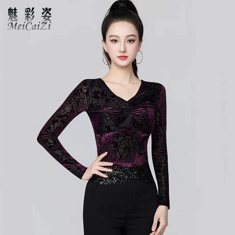 新款拉丁舞上衣女式高级摩登舞弹力烧花长袖气质V领交谊舞练功服