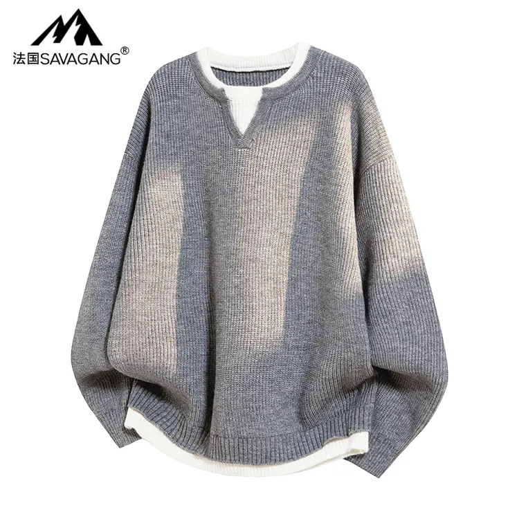 法国加厚毛衣男款秋冬百搭老钱风半高领打底男士假两件针织衫毛衣