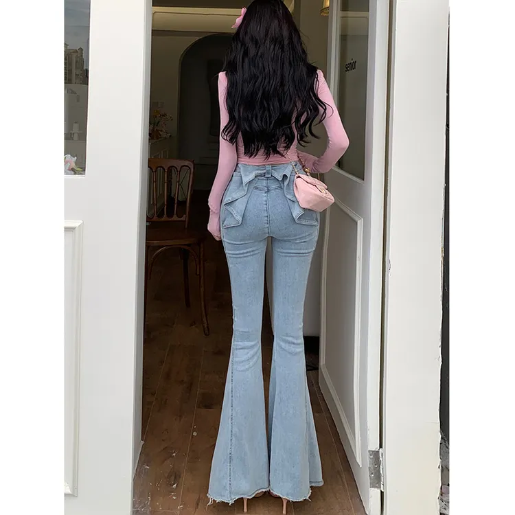 亦菲同款立体蝴蝶结牛仔裤女2025秋款欧若风高腰显瘦翘臀喇叭裤子