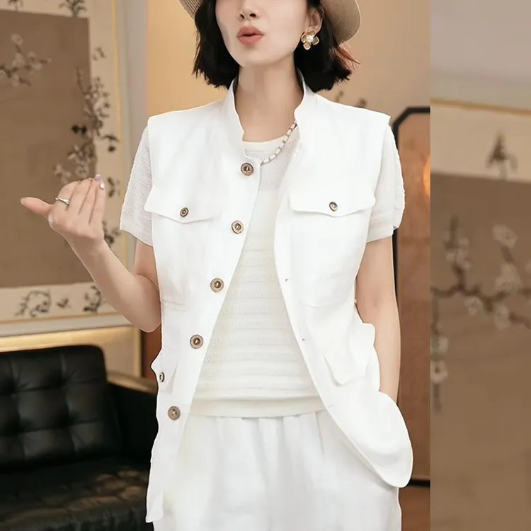 哥弟阿玛施正品2025夏季新款女士白色胖MM宽松叠穿短袖马甲背心外