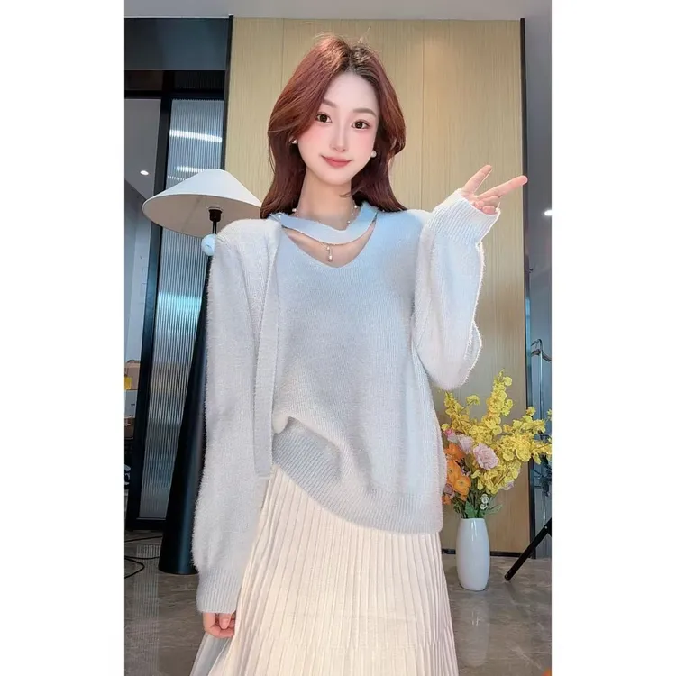 不起球 韩版挂脖飘带V领针织衫女高级感温柔风加厚毛衣