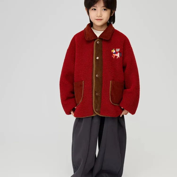 儿童小马刺绣保暖棉衣2025冬季新款中大童喜庆新年红色拜年服外套