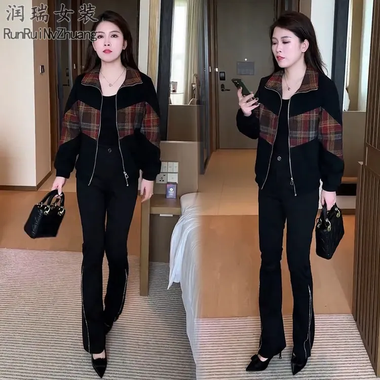 休闲风格纹拼接翻领短外套女2025秋季新款小个子洋气显瘦短款夹克