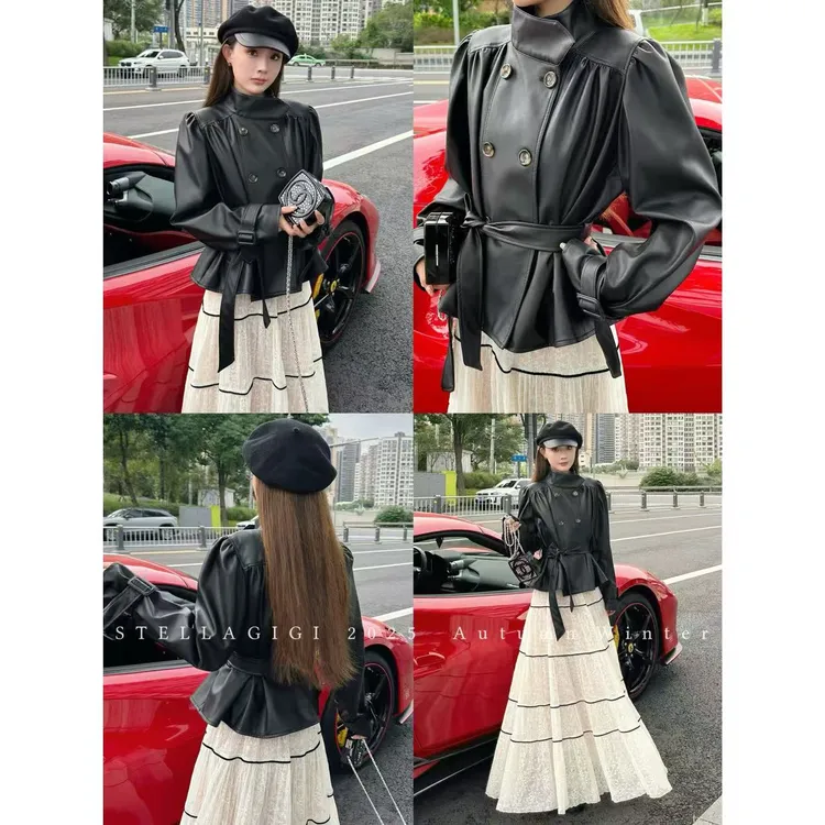 SG / 杨依姗 AW经典时髦 伞形褶皱立领皮衣外套WT-20251360
