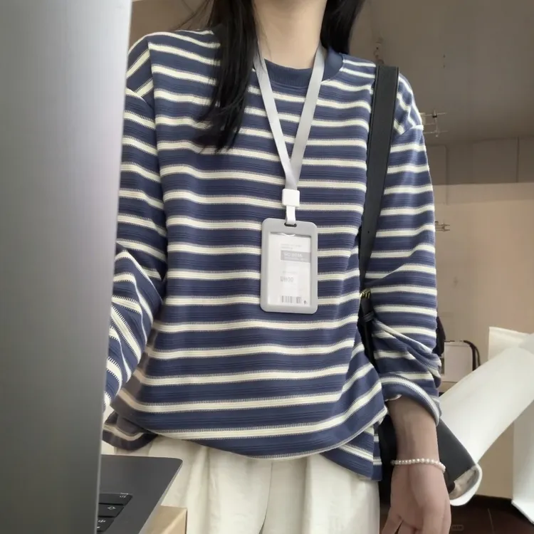 设计感条纹撞色圆领长袖T恤2025秋季新款宽松显瘦休闲百搭上衣ins
