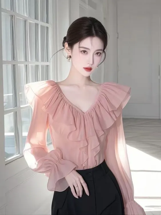 SS750法式气质荷叶边上衣2025春款高级感独特漂亮粉色v领雪纺衬衫