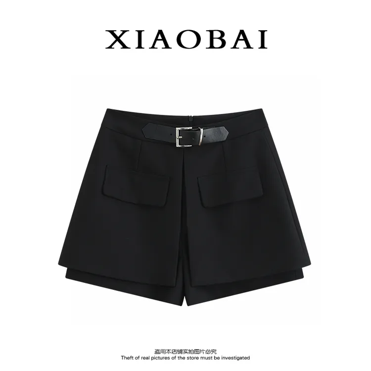 XIAOBAI 黑色高腰西装裙裤夏季A字包臀阔腿短裤高弹力慵懒风女装