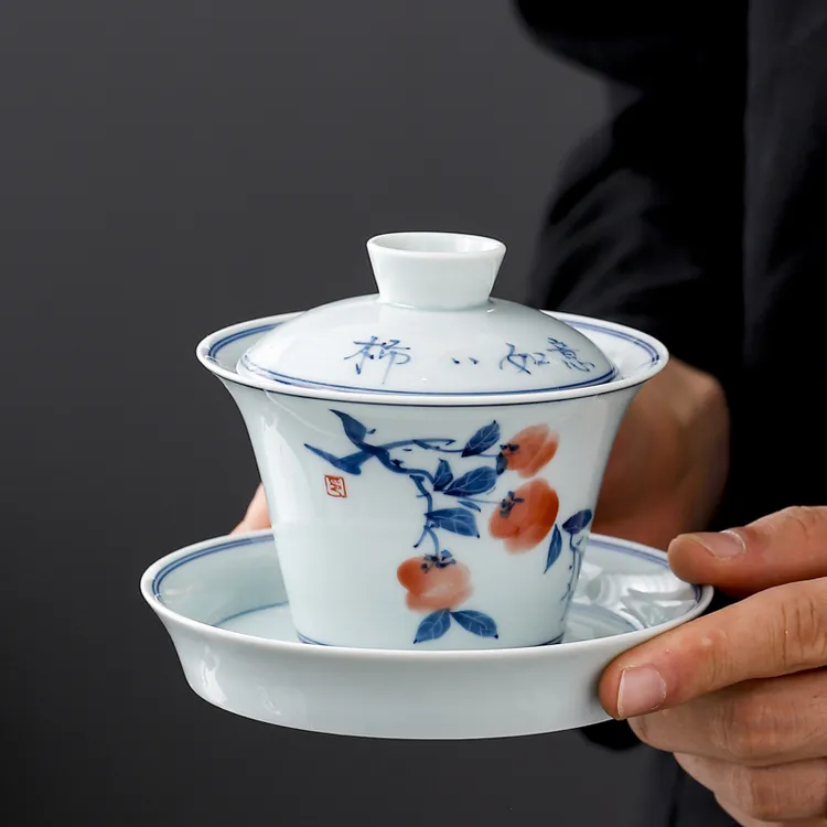 青花瓷手绘马蹄盖碗茶盖碗高档白瓷泡茶碗手工陶瓷釉下彩功夫茶具