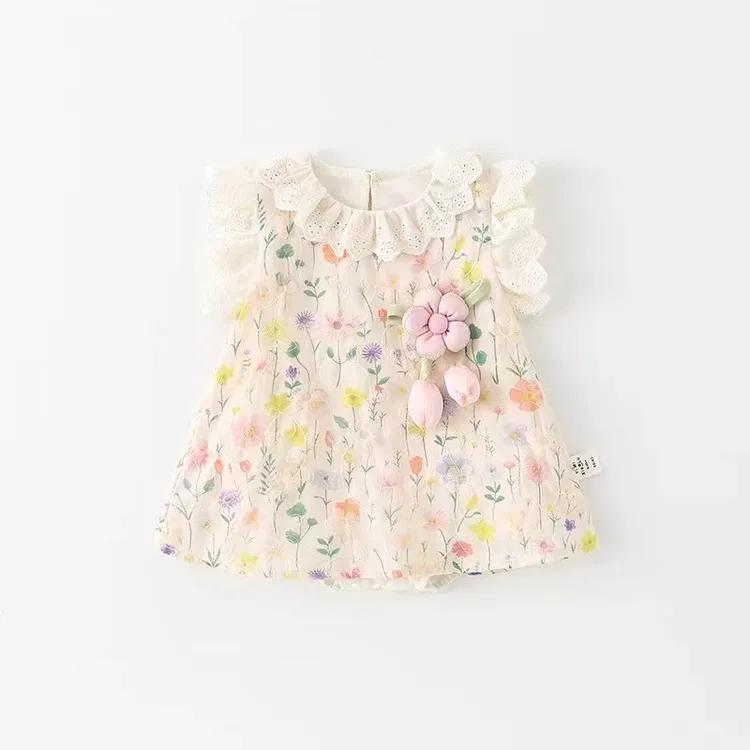 夏季婴儿蕾丝翻领飞袖包屁裙彩色花朵包屁衣