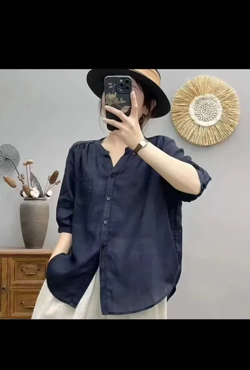 苎麻休闲V领纯色气质短袖显瘦纽扣夏季时尚薄款衬衫设计感宽松