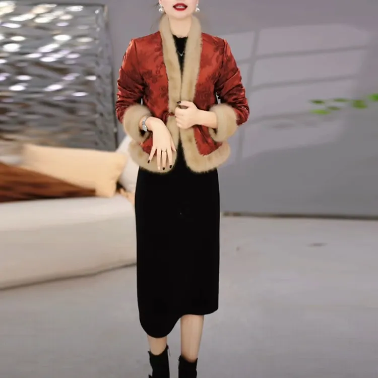 提花精纺国风夹棉加厚套装裙2025冬季新款复古保暖两件套连衣裙子