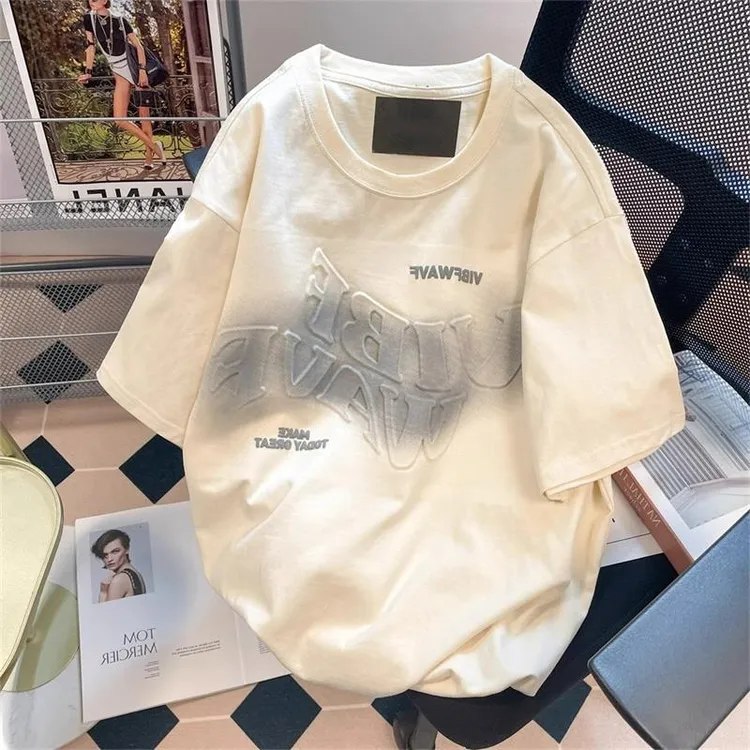 潮牌圆领短袖T恤男士夏季高级感涂鸦上衣服时尚立体字母体恤衫潮