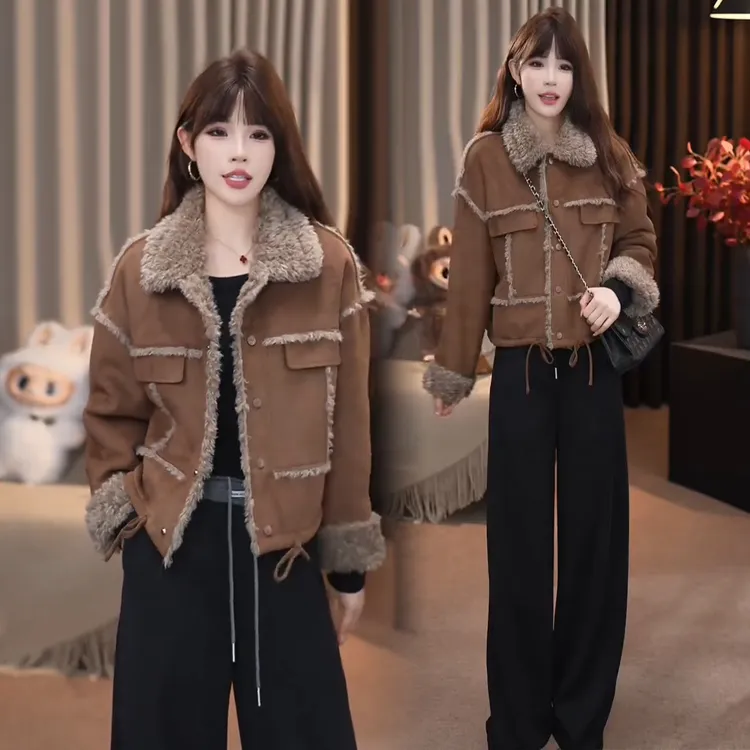 时尚皮毛一体羊羔毛短外套女冬季新款短款翻领百搭显瘦机车服夹克