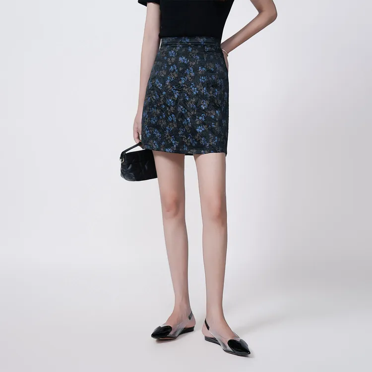 CsyX2-2025S/S早秋新款100%醋酸蓝铃花碎花显瘦气质半身裙D40707