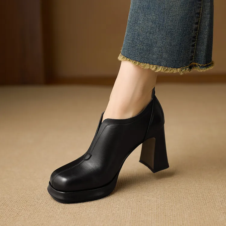 2026新款法式通勤米白色头层牛皮方头深口单鞋8.5cm粗跟高跟鞋女