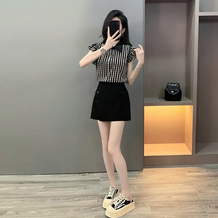 欧货POLO领正肩短袖衬衫女洋气上衣黑色西装半身裙小个子a字裤裙