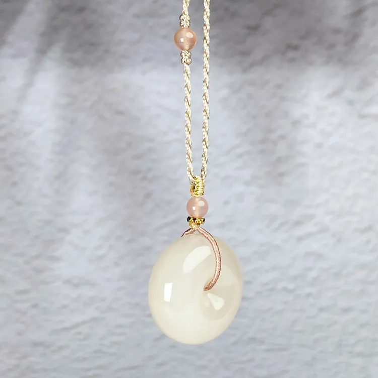 和田玉藕粉25mm厚装平安扣吊坠项链编绳女士送老婆时尚简约真品