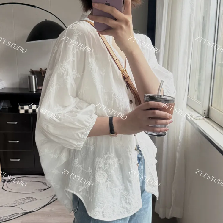 【ZTT】龟背款全棉提花刺绣宽松休闲衬衫女夏季百搭显瘦透气上衣