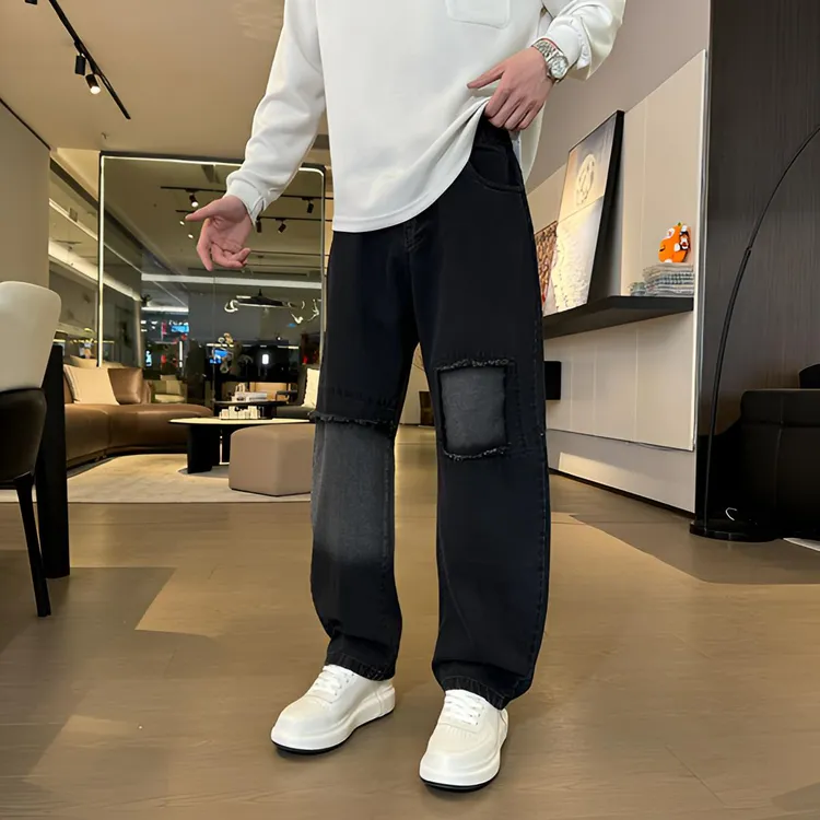[SPK]2025春季假破洞拼接牛仔裤男潮牌宽松直筒美式复古水洗阔腿
