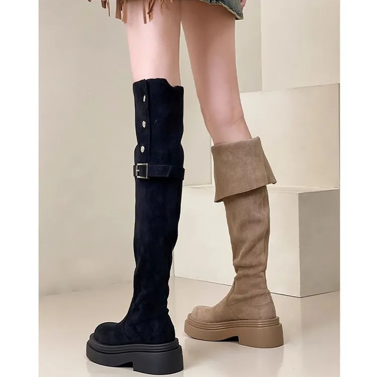 子女2025年秋冬季独特新款粗跟过膝长筒靴骑士靴潮鞋子女裙子短靴